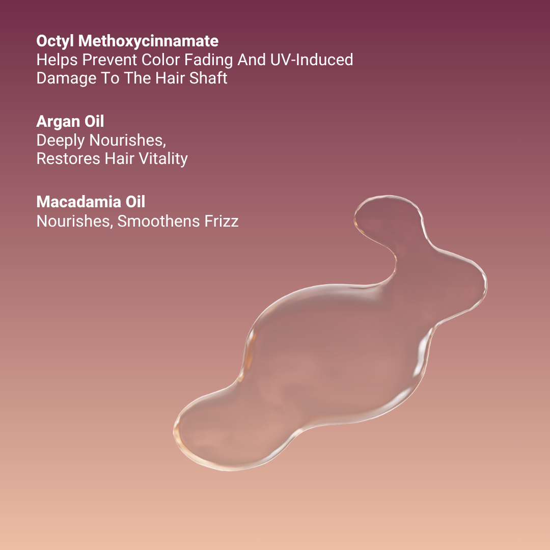 Key ingredients of Fhair Blow Dry Again Serum including argan oil, macadamia oil and vitamin E for nourishment, shine and protection.