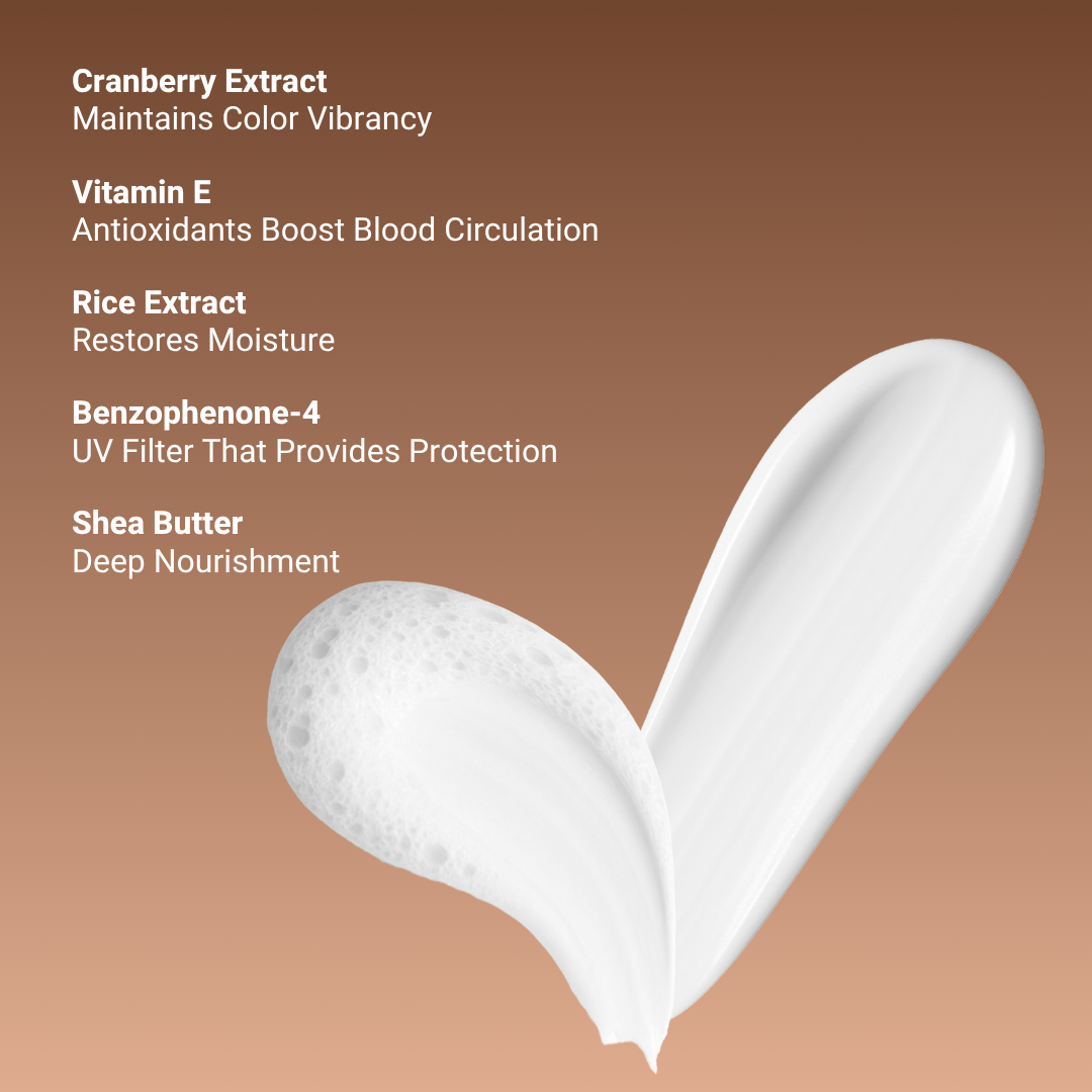 Key ingredients of fHair Color Longevity Shampoo including rice extract, cranberry extract and vitamin E for color protection and shine