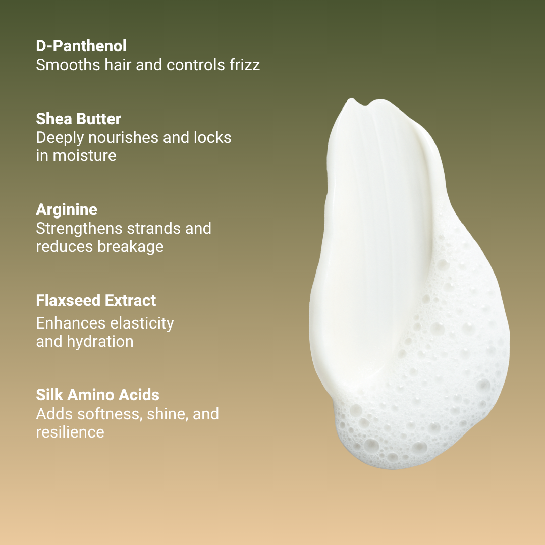 Key ingredients of Fhair Curl Up Conditioner including D-Panthenol, Arginine, Shea Butter and Flaxseed Extract for curl hydration and strength.