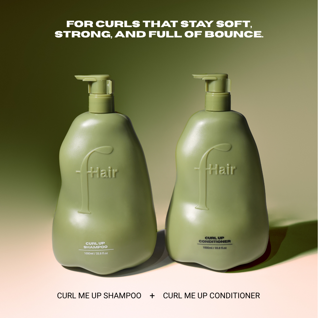 Fhair Curl Up Shampoo and Conditioner combo for curly hair. Hydrates, defines curls and controls frizz for soft, bouncy results.