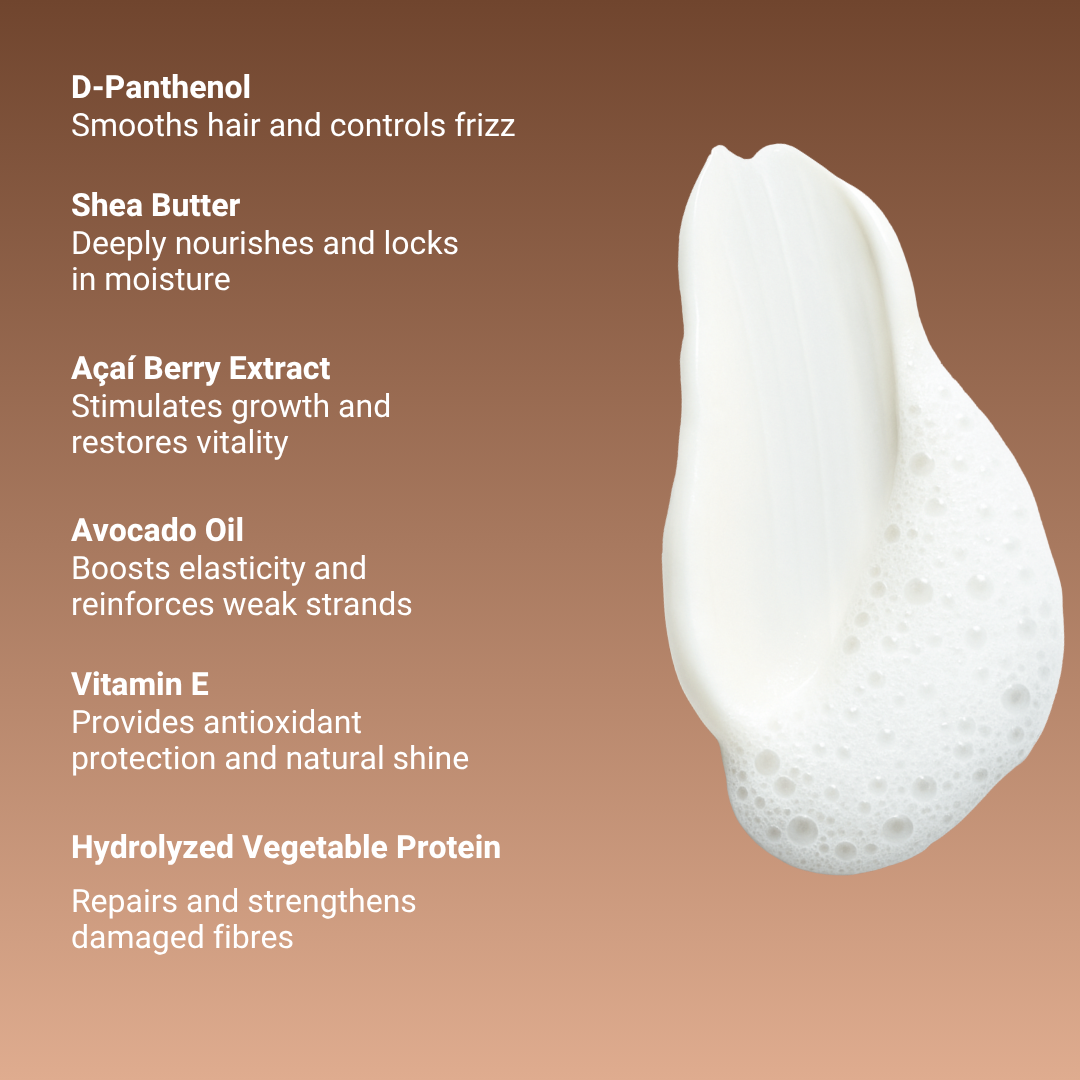 Key ingredients of Fhair Rebuild Conditioner designed to repair damage, nourish deeply and restore smooth, healthy hair.