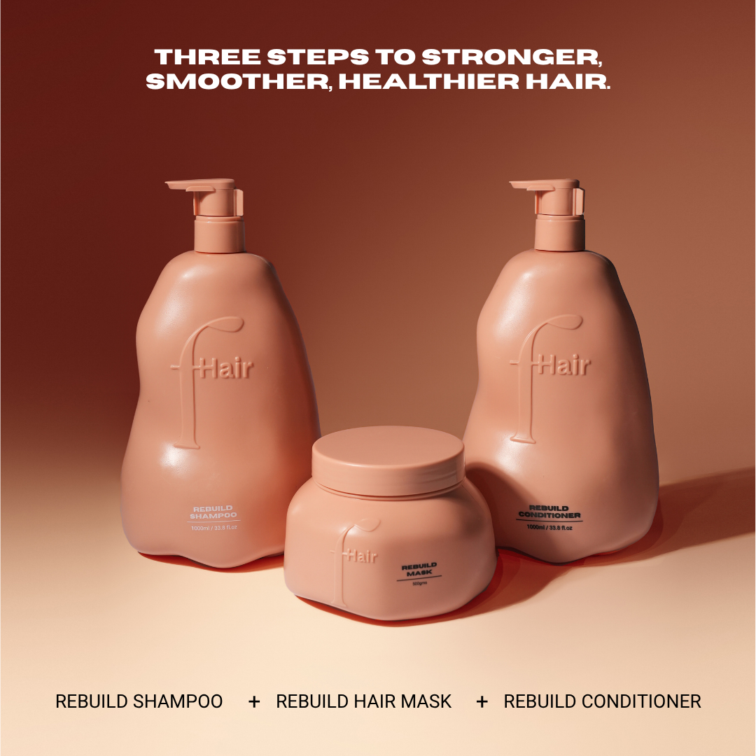 Fhair Rebuild Shampoo, Conditioner and Mask combo for complete hair repair routine. Cleanses, nourishes and rebuilds damaged hair for smooth, healthy results.