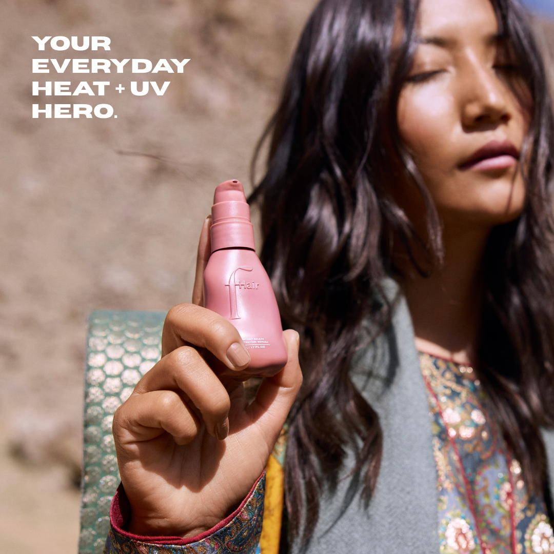Fhair UV Protector Serum benefits include heat protection, UV defense, frizz control, shine enhancement and lightweight nourishment.