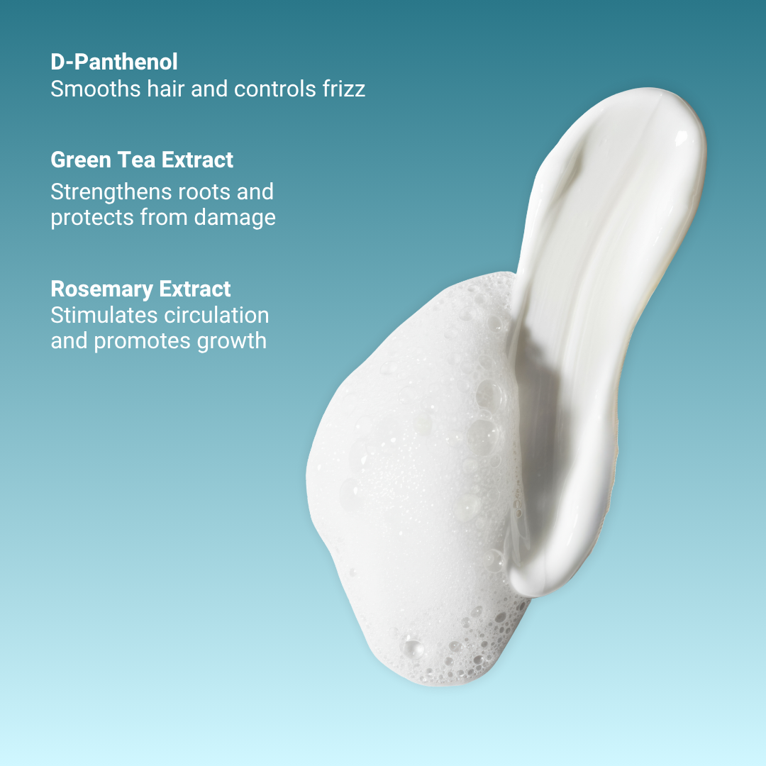 Key ingredients of Fhair Wash Up Shampoo including salicylic acid, green tea and rosemary for scalp cleansing and healthy hair.