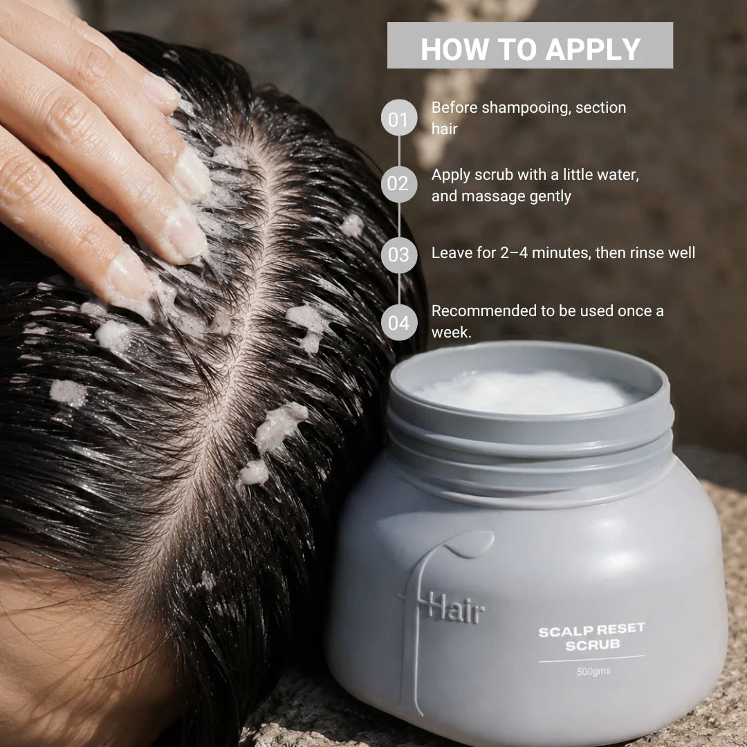 How to use Fhair Scalp Reset Scrub. Apply to wet scalp before shampoo, massage gently to exfoliate buildup and rinse thoroughly.