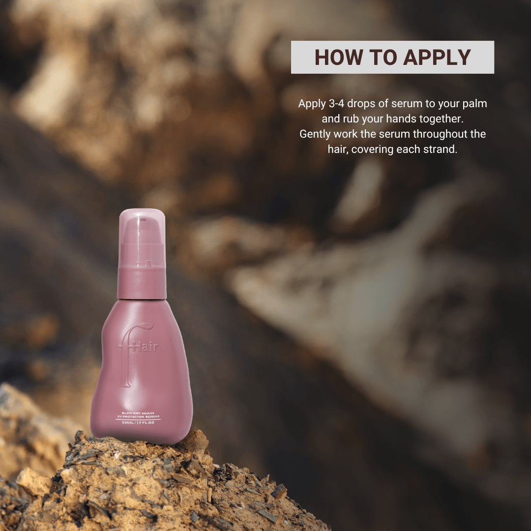 How to use Fhair Blow Dry Again UV Protector Serum. Apply a small amount to damp hair, focus on mid-lengths to ends and style as desired.