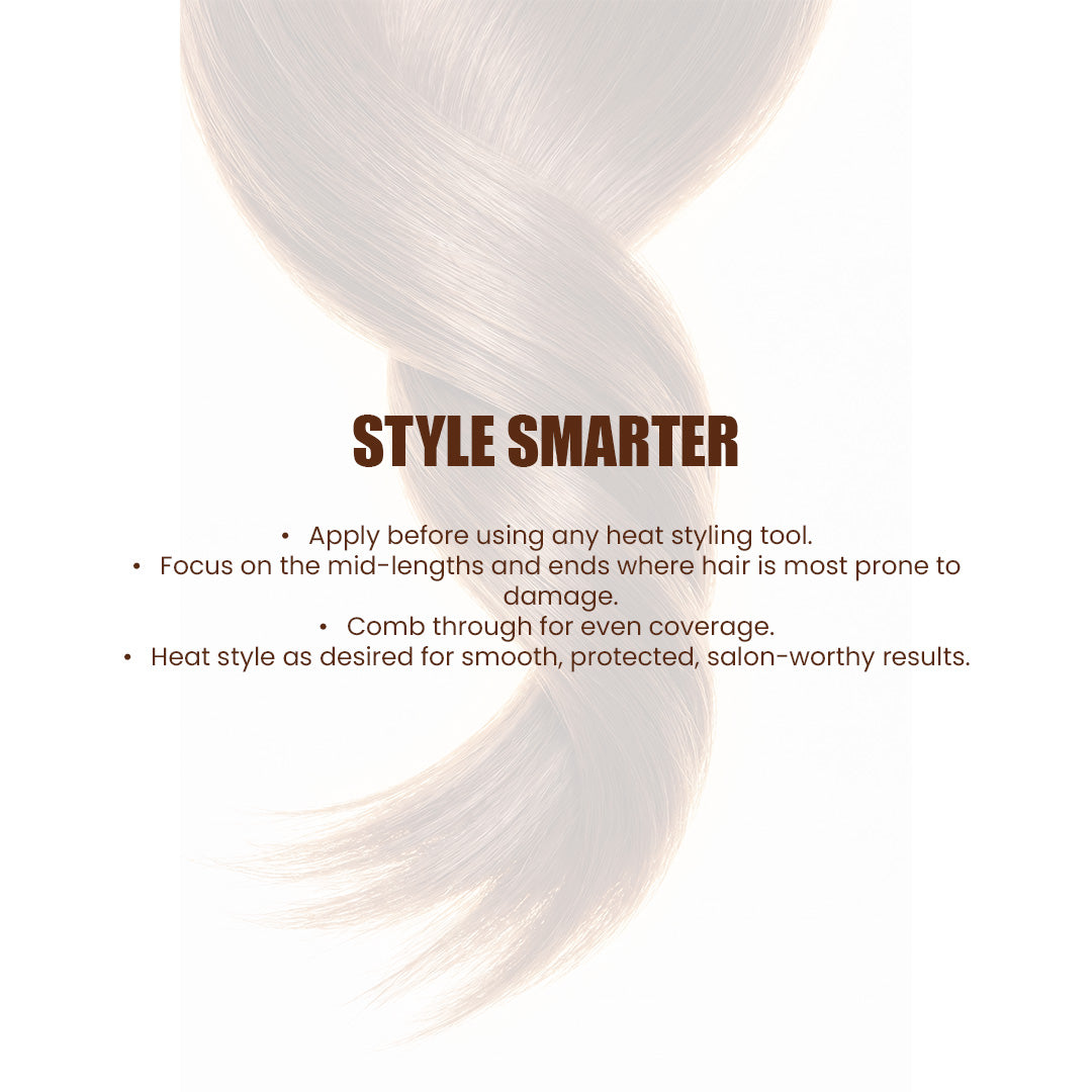 PROTECT heat protection spray bottle with hair styling tools and smooth shiny hair strands